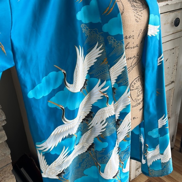 Vintage Marukyo Tokyo turquoise blue w cranes kimono robe - Picture 3 of 16